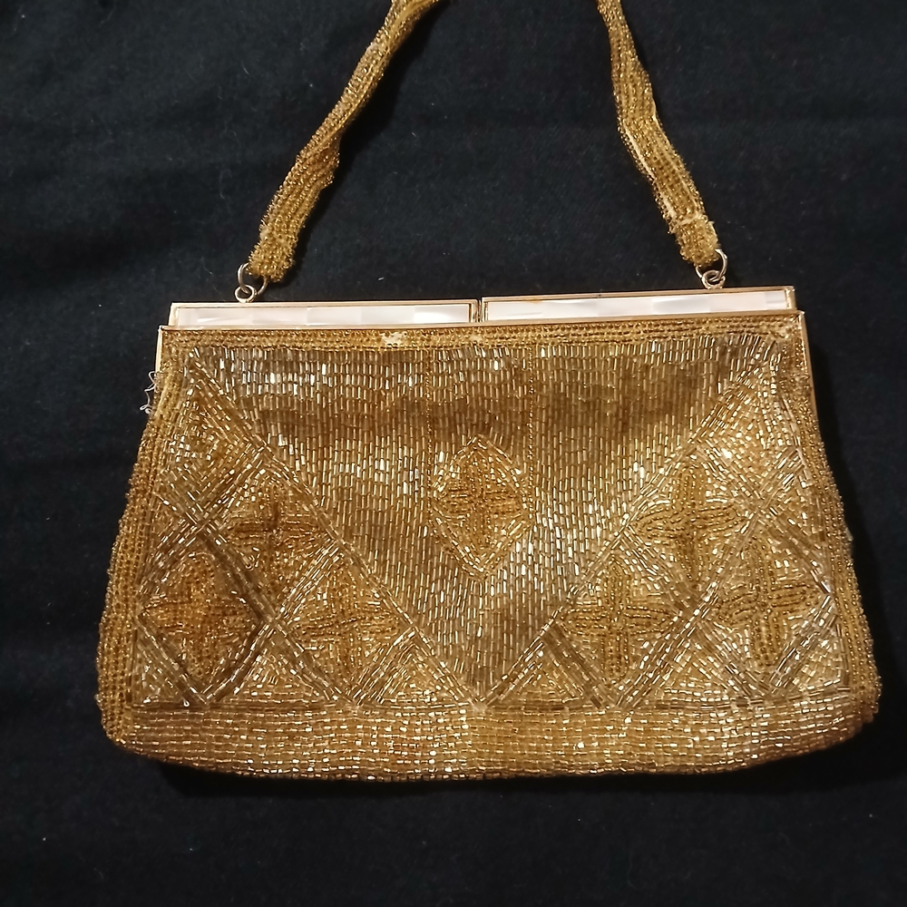 Delill Vintage Gold Geometric Clutch with Beadwork Hand Beaded
